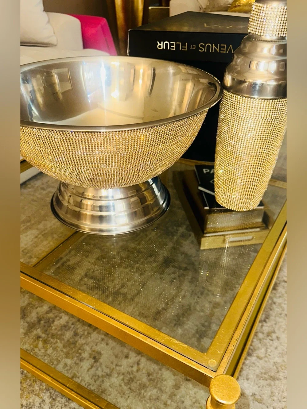 Cocktail party Set! Gold Rhinestone Champagne bucket, 4 Martini Glass & Shaker
